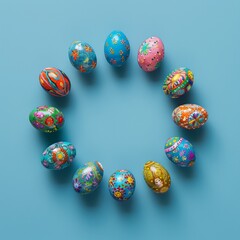Wall Mural - top view of beautiful easter eggs in a circle on table