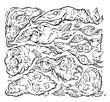 Set of Crazy Weird Fish Monsters, Black and white pattern, creative doodles, Weirdcore illustration