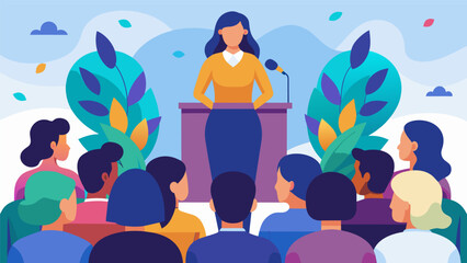 Wall Mural - A woman speaks to a crowd at a mental health conference bravely sharing her journey of understanding and accepting her multiple identities.. Vector illustration