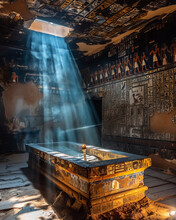 The Interior Chamber Of A Pyramid Illuminated By A Single Torch Revealing Hieroglyphics Painted On The Walls And A Hidden Sarcophagus In The Center