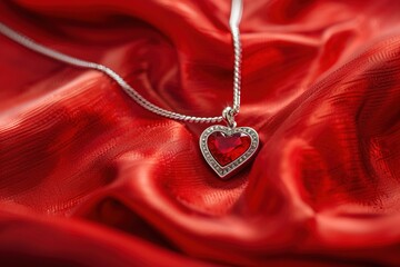 Poster - Heart-Shaped Love Pendant on Red Fabric