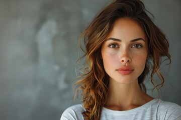 Close-up portrait of a beautiful young woman with brown hair and light eyes. She is wearing a white shirt and has a soft smile on her face.