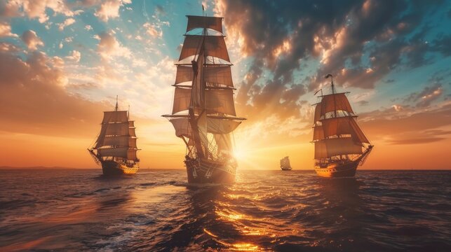 Sailing ship fleet in sea water at sunset.