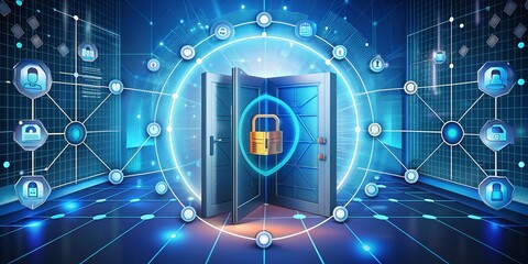 Wall Mural - Network security illustration with a lock and the guarding eye on the internet