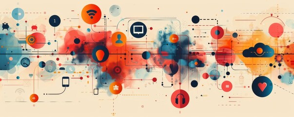 Poster - Abstract technology concept with connectivity and network icons in a colorful digital art style