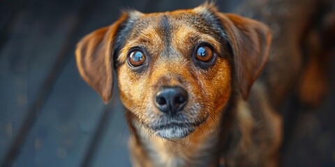 Wall Mural - A cute brown and black dog poses with a happy muzzle, its adorable expression captivating