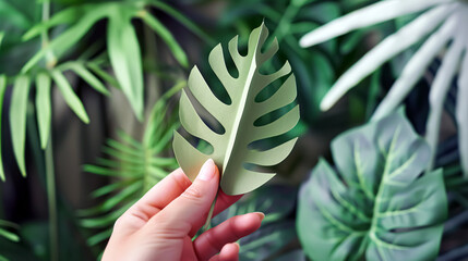 Wall Mural - Female hand holding monstera leaf on blurred background of tropical plants.