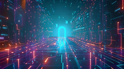 Poster - Futuristic Digital Tunnel With Glowing Blue Gateway