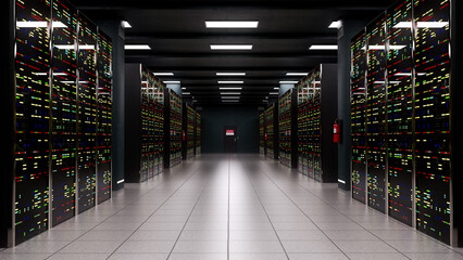 Rows of computer equipment in a dark information technology server room. 3D render.