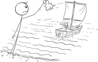 Sticker - Boat sails away with woman, man waves and say goodbye, vector cartoon stick figure or character illustration.