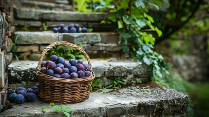 Wall Mural - A basket full of delicious plums on the stairs of an old house