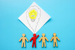Team figures and one with a light bulb as a symbol of a new idea, solution.