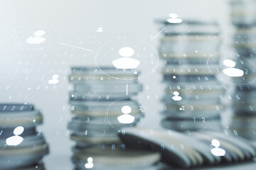 Poster - Double exposure of social network icons hologram on growing coins stacks background. Networking concept