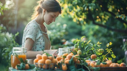 Wall Mural - Closeup of a woman standing in the garden next to a table with jars of apricot jam