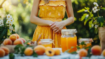 Wall Mural - Closeup of a woman standing in the garden next to a table with jars of apricot jam