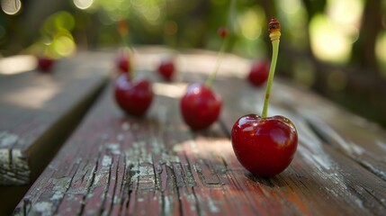 Wall Mural - Closeup view of delicious cherries on wooden table in the garden