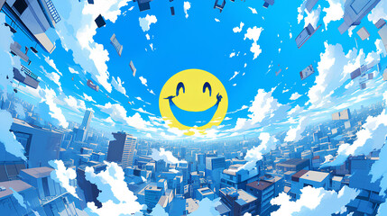Wall Mural - big 3d smile emoji face is above the city