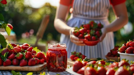 Wall Mural - Closeup view of a woman preparing delicious strawberry jam on a table in the garden
