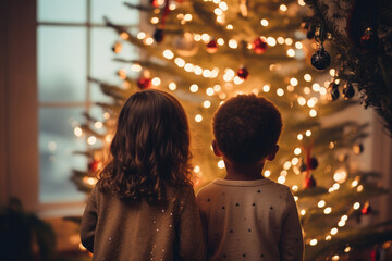 子供, 男の子, 女の子, 子供の後ろ姿, クリスマス, クリスマスツリー, デコレーション, 祝い, children, boy, girl, children's back, christmas, christmas tree, decorations, celebration