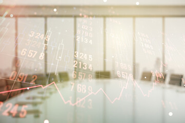 Poster - Double exposure of abstract creative statistics data hologram on a modern boardroom background, analytics and forecasting concept