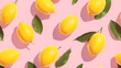 Pattern of fresh lemons set random on pink background. Summer modern pastel colors wallpaper.