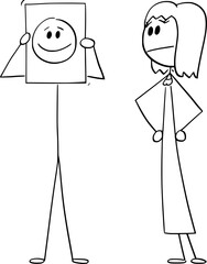 Sticker - Man shows or hides his real emotion smile, woman is looking, vector cartoon stick figure or character illustration.