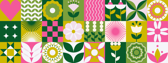 geometric mosaic floral pattern. abstract minimal nature background with decorative green plants flo