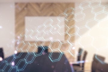 Aufkleber - Abstract virtual wireless technology hologram with hexagon on a modern coworking room background, artificial intelligence and machine learning concept. Multi exposure