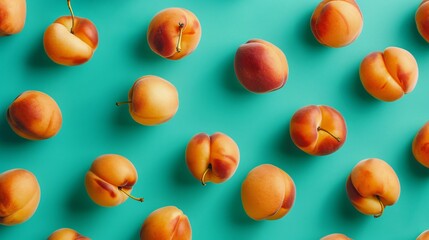 Wall Mural - Top view of delicious apricots on green background