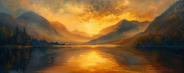 Wall Mural - Sunset at a calm mountain lake