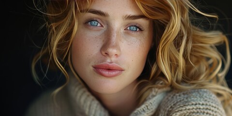 Wall Mural - Serene young woman with blue eyes and wavy blond hair