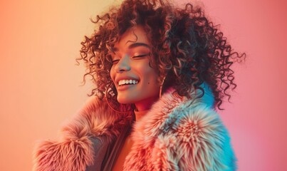 Happy woman wearing faux fur coat against gradient background