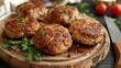 Tasty cutlets with parsley on wooden board, closeup