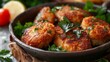 Homemade fried cutlets with parsley in pan, closeup