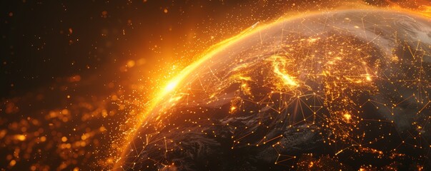 Wall Mural - Generative AI illustration of glowing planet with yellow network connecting cities on black background