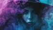 Portrait of a beautiful girl in a hat and scarf with smoke