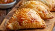 Pies with meat and vegetables on a wooden cutting board. Selective focus