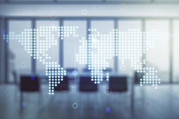 Aufkleber - Abstract creative digital world map on a modern coworking room background, globalization concept. Multiexposure