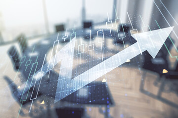 Poster - Abstract creative financial diagram and upward arrow hologram on a modern boardroom background, growth and development concept