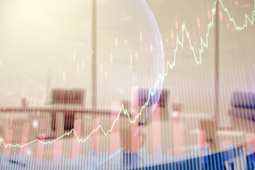 Poster - Multi exposure of virtual abstract financial graph hologram and world map on a modern furnished classroom background, financial and trading concept