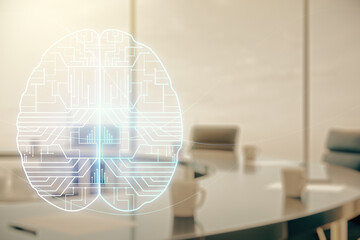 Aufkleber - Virtual creative artificial Intelligence hologram with human brain sketch on a modern coworking room background. Double exposure