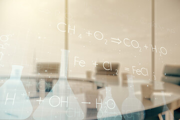 Poster - Abstract virtual chemistry illustration on a modern coworking room background, science and research concept. Multiexposure