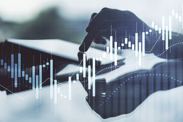 Poster - Double exposure of abstract creative financial chart with finger clicks on a digital tablet on background, research and strategy concept