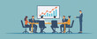 Business team working together at a meeting table with an arrow graph and growth chart on a blue background vector illustration, in the style of flat design. The illustration depicts a stock photo.
