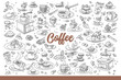 Coffee accessories and beans for delicious, invigorating breakfast. Set with coffee makers for making americano or cappuccino and desserts for coffeeshop menu design. Hand drawn doodle