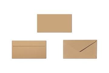 Wall Mural - Kraft Brown envelope front and back view mockups isolated on white background. Letter top view. Object with clipping path.3d rendering.