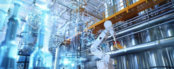 Poster - Advanced robotics arms engaged in chemical processing at a modern industrial plant