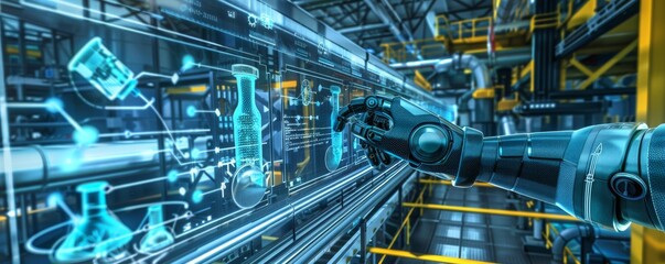 Poster - Futuristic robot arm in a chemical plant analyzing holographic data