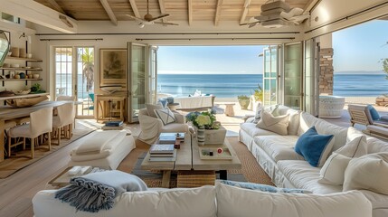 A beach house interior with nautical d?(C)cor and panoramic ocean views.