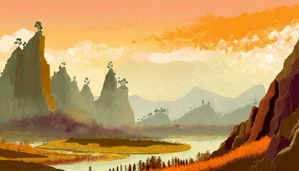 Background with sunset in mountains